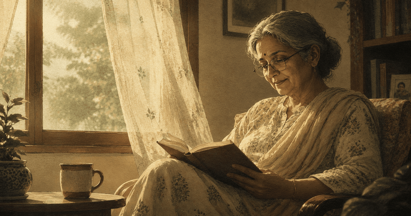 An Indian grandmother sitting by a sunlit window, reading a family memory book